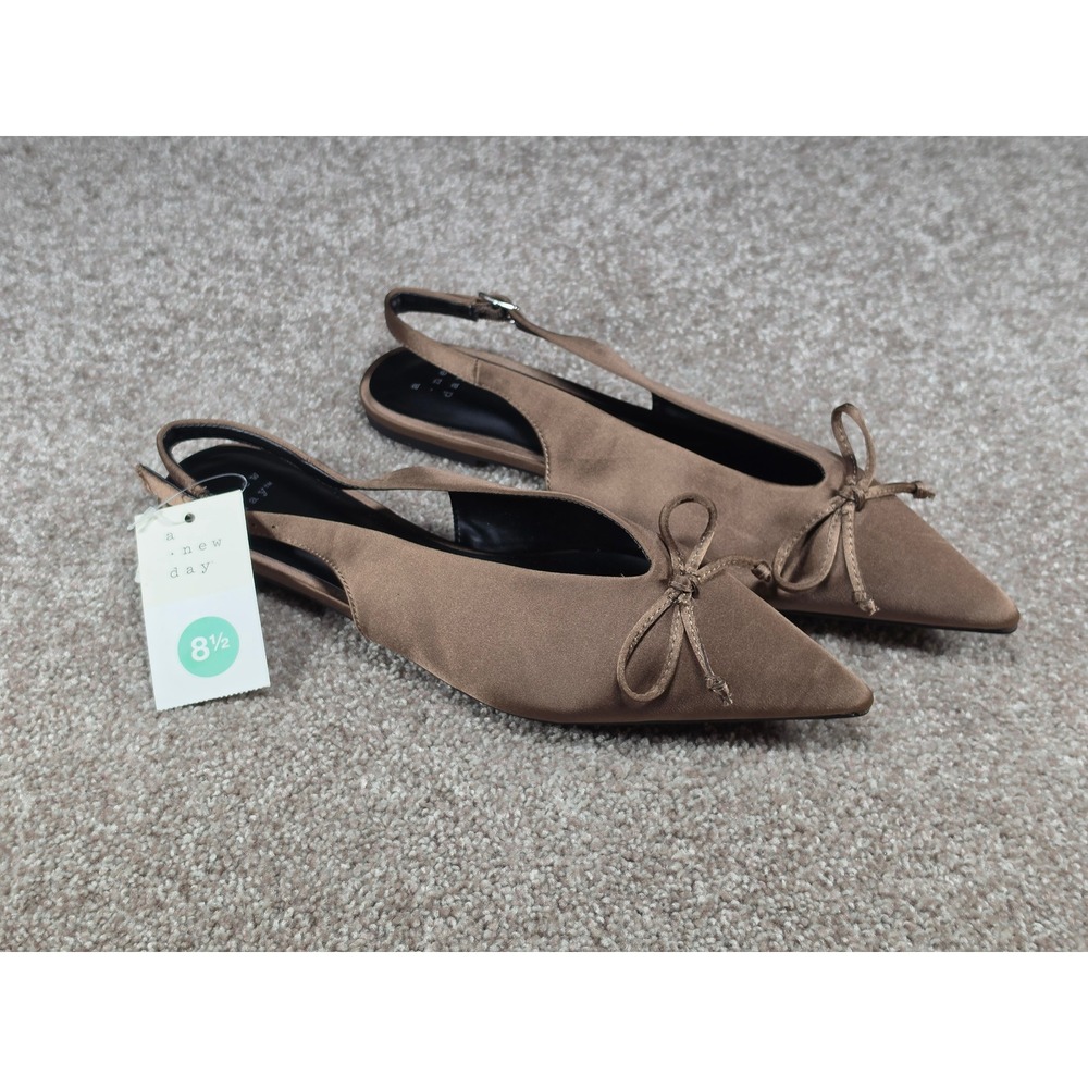 A New Day Camille Slingback Flats Taupe Satin Pointed Toe Bow Shoes 8.5 NEW